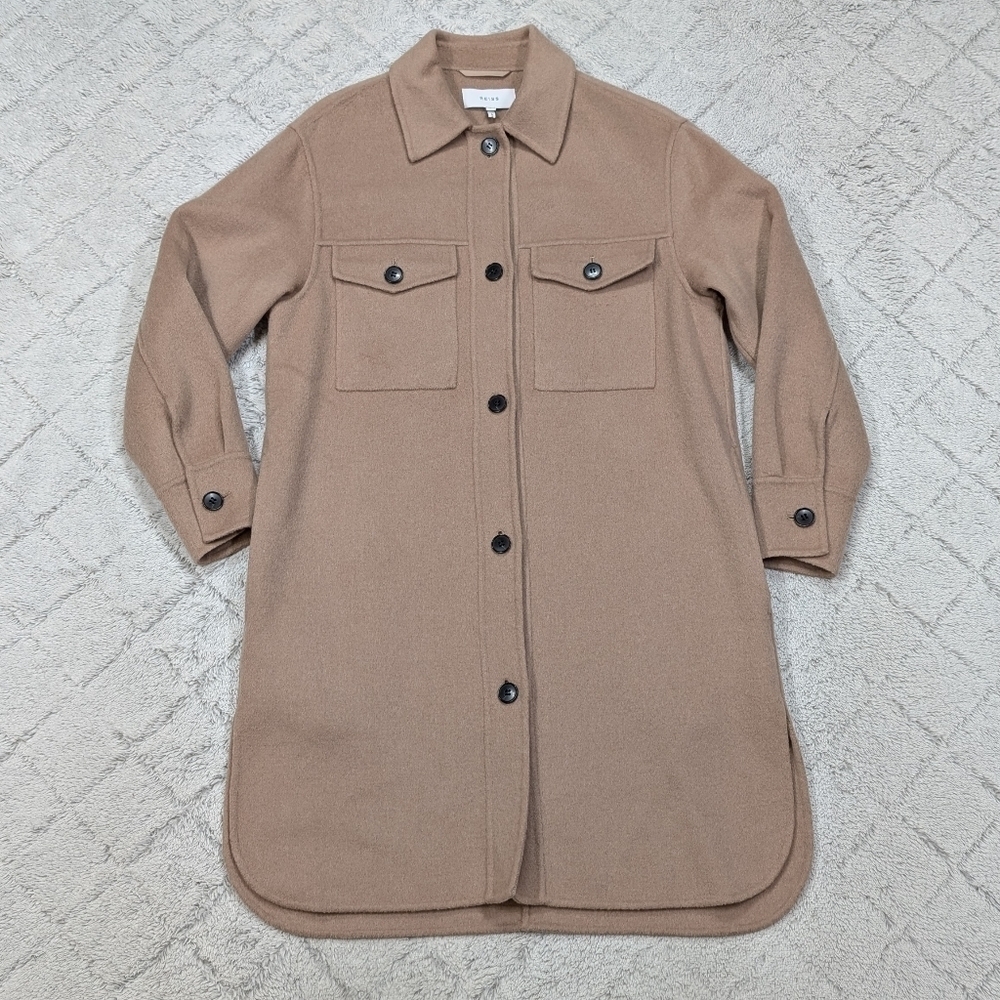Reiss Jacket Womens S Beige Leon Long Twin Pocket Overshirt Button Wool Blend